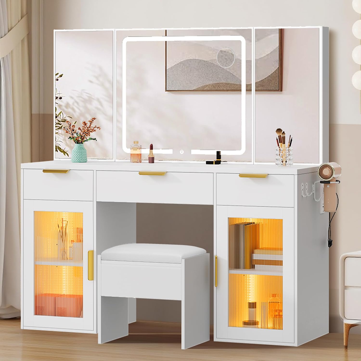 YITAHOME Makeup Vanity Table with Lights & Tri-Fold Mirror, 56" White Dressing Desk with RGB-Lit Glass Cabinets, Push-to-Open Storage, 3 Drawers, Shelves, Power Outlet and Padded Stool
