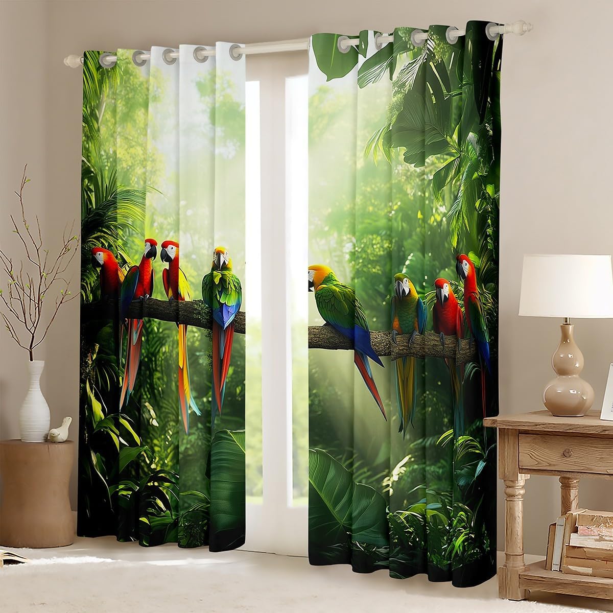 Colorful Parrot 42"Wx84"L 2 Panels Curtains Green Jungle Birds Curtains & Drapes for Kids Boys Girls,Botancial Nature Tree Branches Blackout Curtains Flying Parrot Birds Wildlife Window Treatments