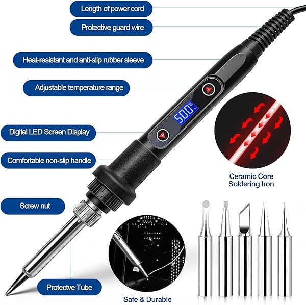 Kit Soldador, Soldador Eléctrico 80W con Pantalla LCD y Temperatura Ajustable 180-500°C, Soldador de Estaño con Interruptor ON/OFF y 5 Puntas, para Reparaciones Electrónicas y Bricolaje - 2