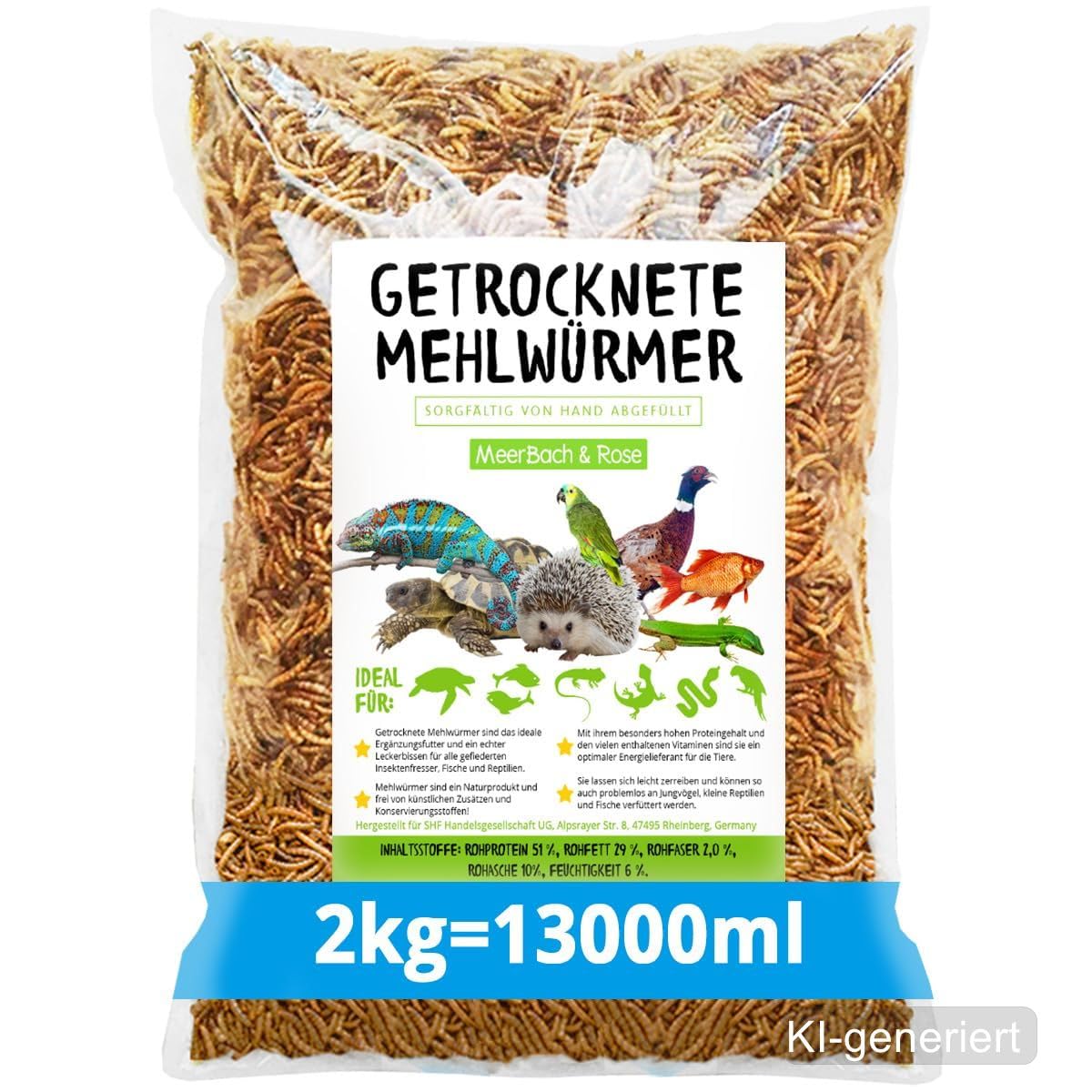 Harina seca 2 kg de capacidad (equivalente a 13 litros) | Snack rico en proteínas para pájaros, aves silvestres, peces, reptiles y roedores. MEERBACH & ROSE - Calidad de Alemania