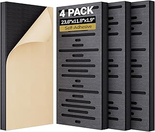TONOR 4-Pack Acoustic Wood Wall Panels, 23.6” * 11.8” * 1.9” 3D Self-adhesive Wall Panel, Three-layer Soundproof Tiles for Echo Absorbtion, Acoustical Barrier of Polyester Fiber, wood, Black Wood