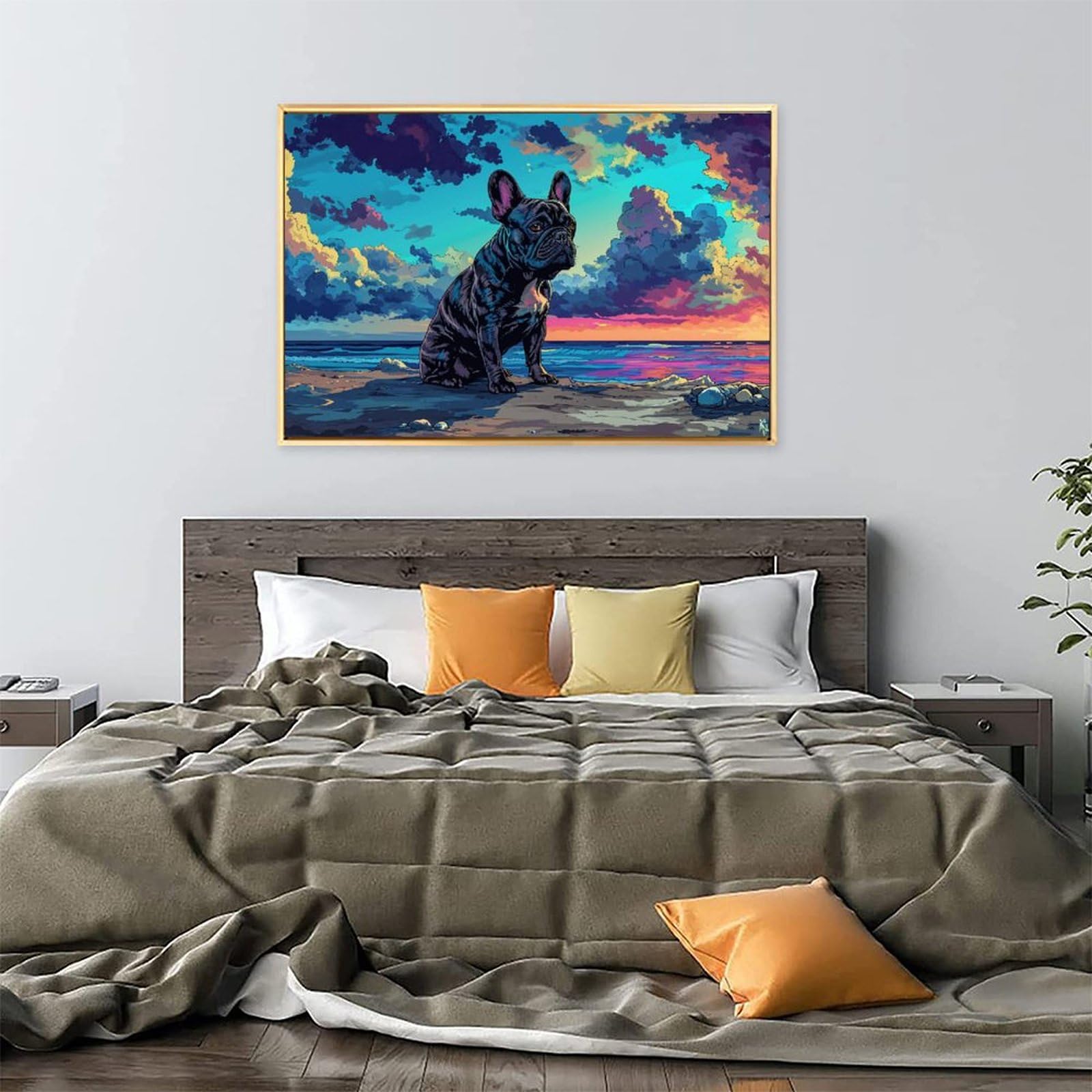 Amazon.co.jp: 絵画 ビーチで物思いにふけるフレンチ ブルドッグ