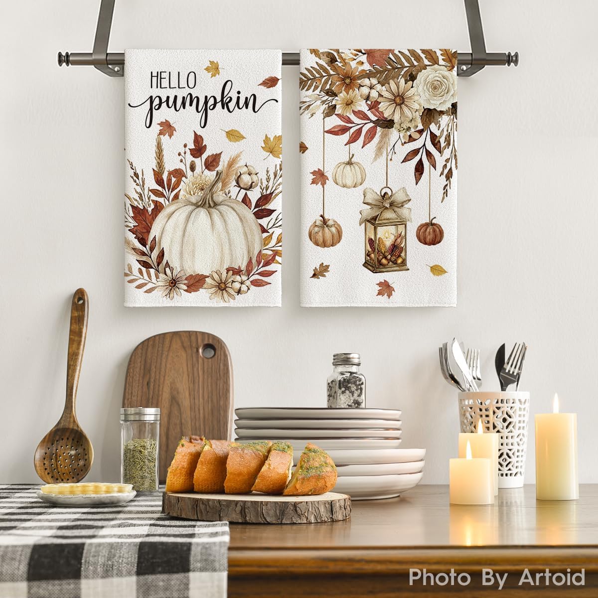 Artoid Mode Hello Pumpkin Floral Fall Kitchen Towels Set of 4 18x26 Inch | Thanksgiving Autumn Leaves Hand & Dish Towels,Ultra Absorbent,Seasonal Farmhouse Decoration