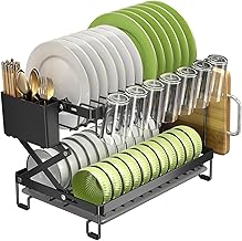 DF Escorredor de Louça, Porta Talheres com Escorredor, Talheres Copos Organizador Louça para Cozinha, Escorredor de pratos, Preto