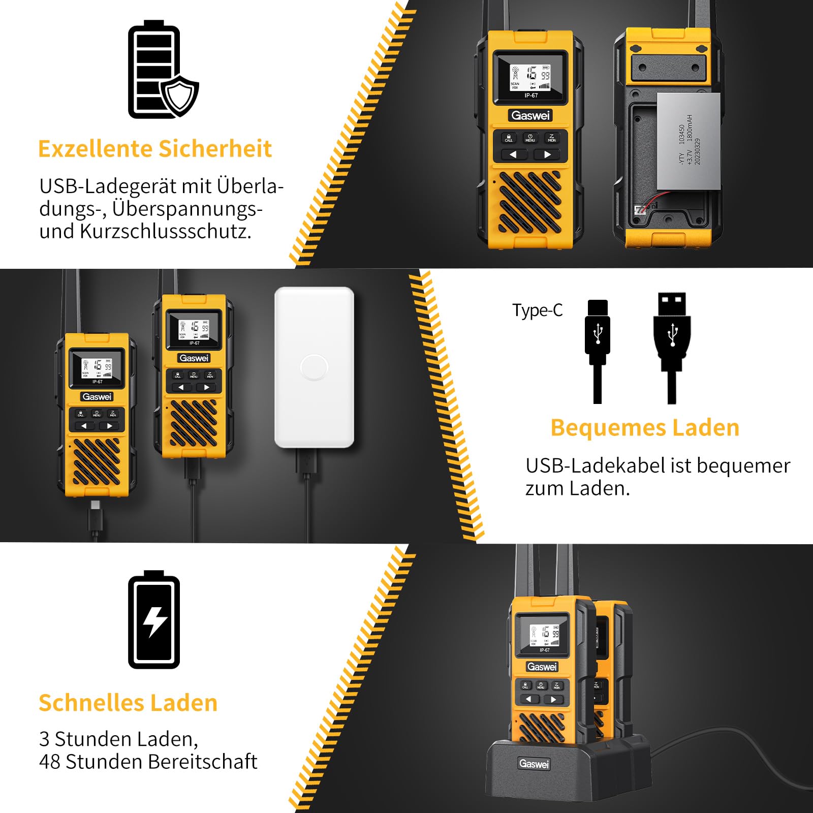 Gaswei G1pro Hochleistungs- Walkie Talkies mit großer Reichweite für Erwachsene, wiederaufladbare Notfallfunkgeräte, 16-Kanal-Walkie-Talkie mit Lithium-Ionen-Akku, IP67 wasserdicht.(4 Stück)