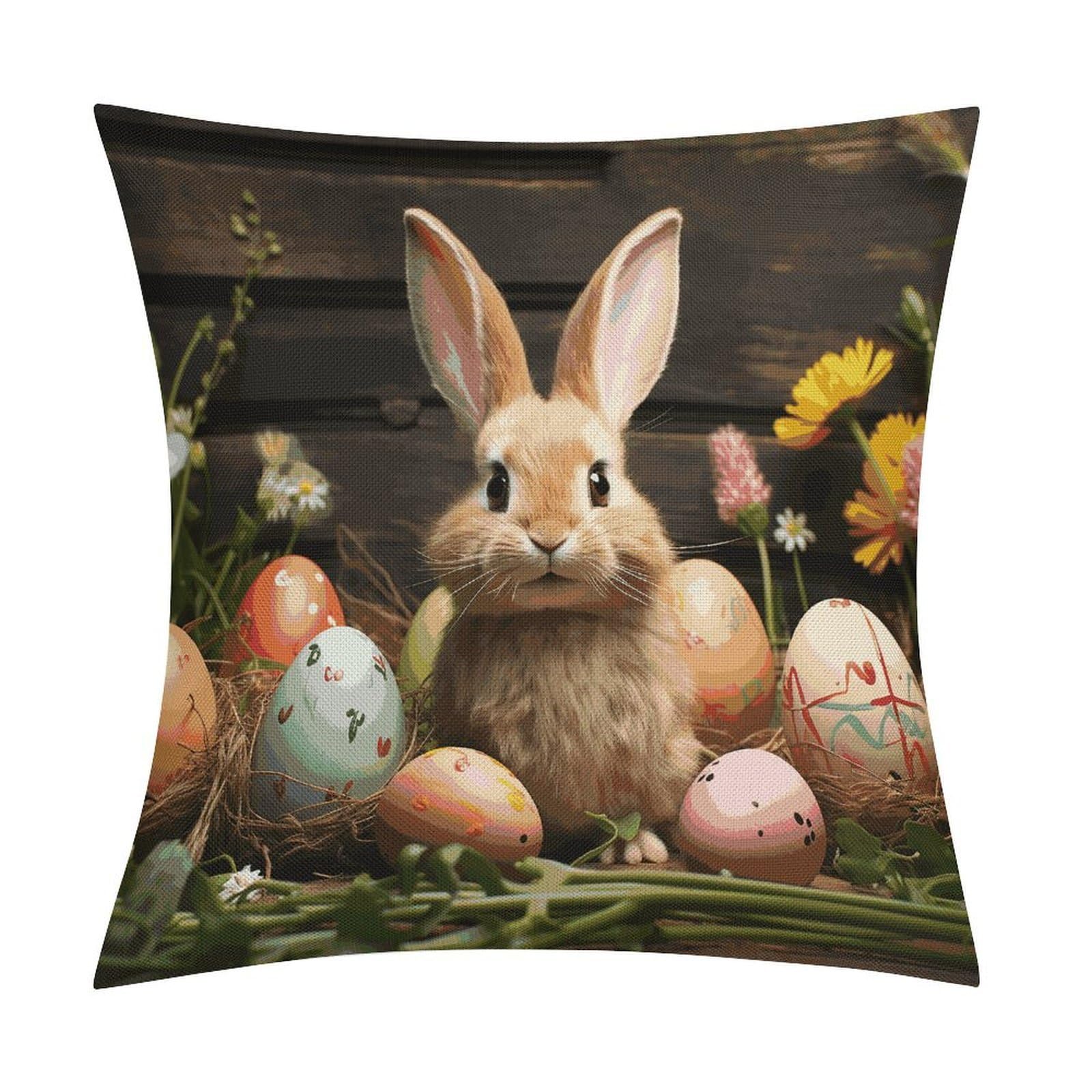 Easter Egg Bunny Pillow Covers 18x18 Inch, Pillow Cases Boho Farmhouse, Throw Pillow Covers for Couch Sofa Bed Spring Home Decor