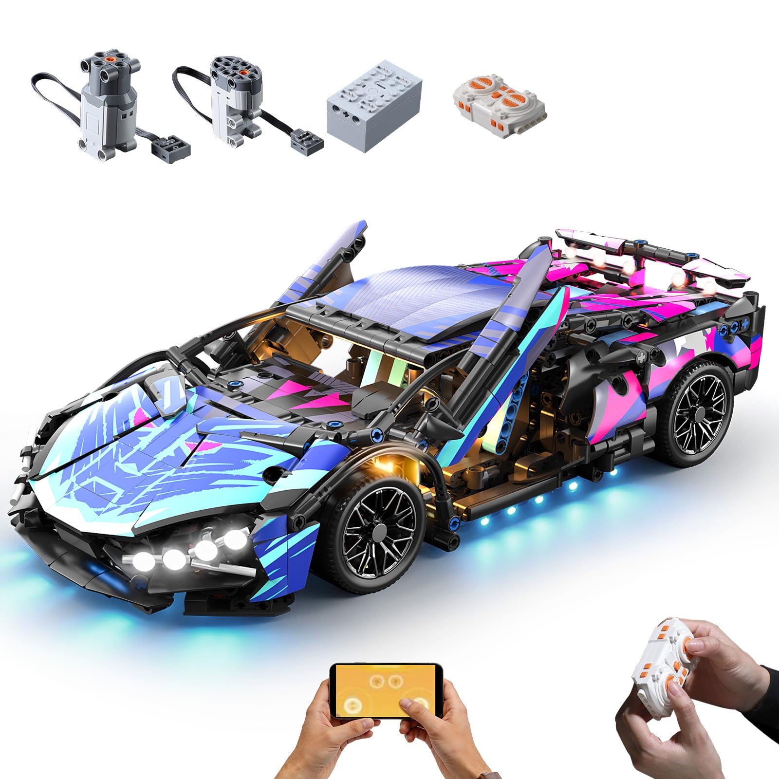 Technik Auto Klemmbausteine mit RC & LED 1:14 Sportwagen Modellbausatz | RC & App-Steuerung, detailreiches Modell, kompatible Bausteine Geschenk für Technik-Fans