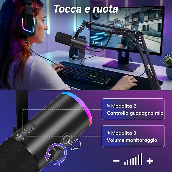 TONOR Microfono Gaming Dinamico per PC, Microfono Cardioide Streaming XLR/USB con Braccio per Podcasting/Studio, Cancellazione Rumore IA, RGB Controllabile, Jack Cuffie 3,5 mm, Nero, TD510 AIR H+ - 5