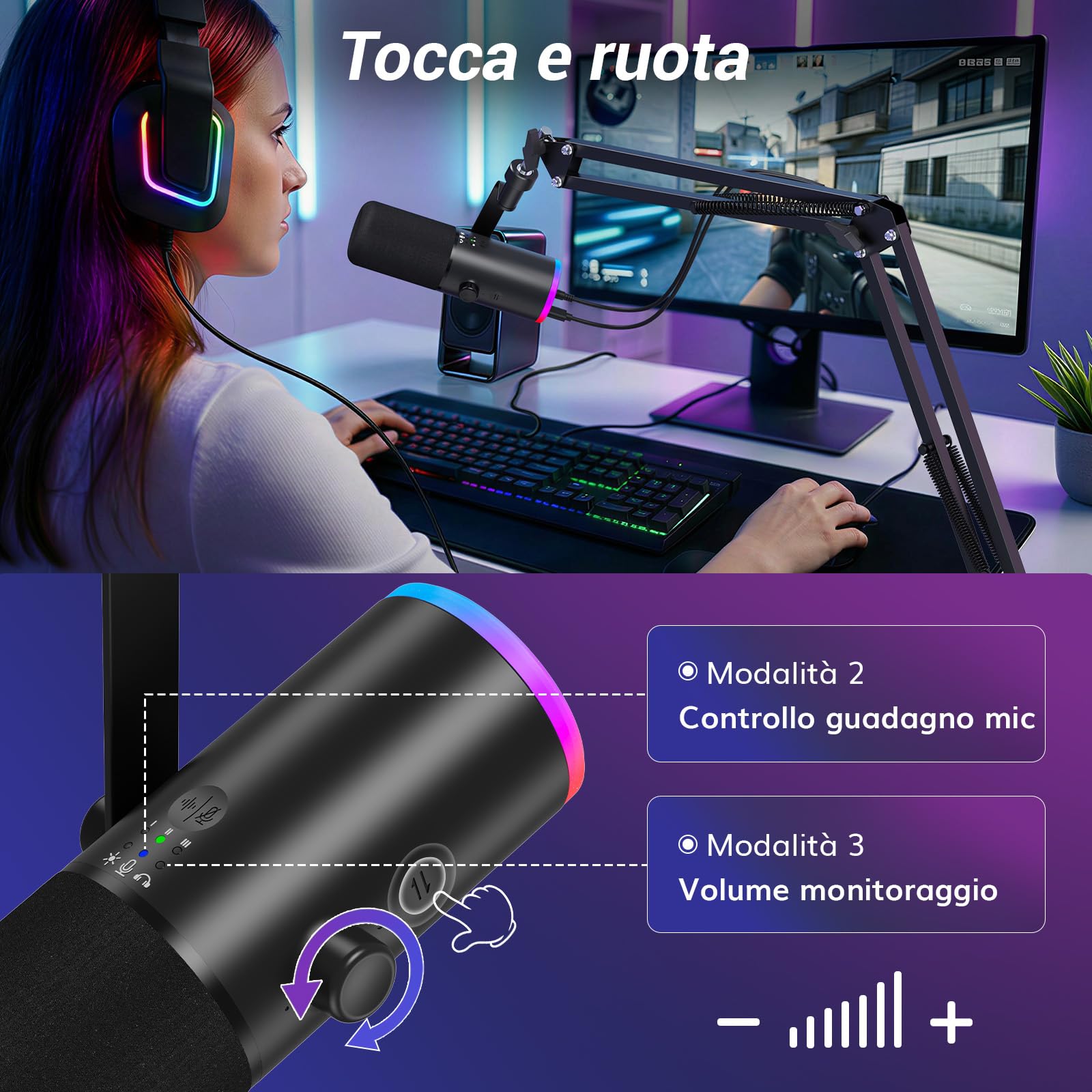 TONOR Microfono Gaming Dinamico per PC, Microfono Cardioide Streaming XLR/USB con Braccio per Podcasting/Studio, Cancellazione Rumore IA, RGB Controllabile, Jack Cuffie 3,5 mm, Nero, TD510 AIR H+