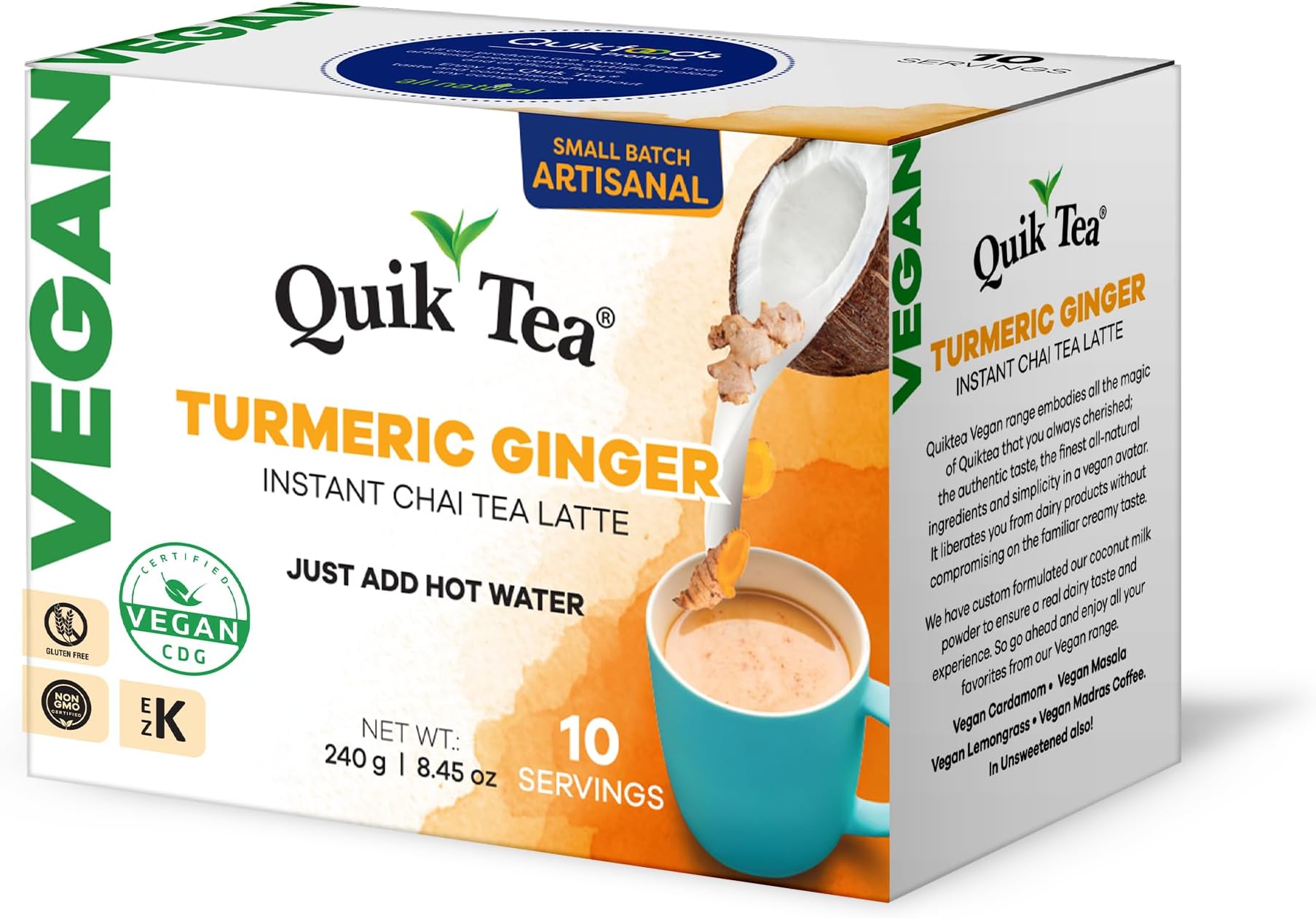 QuikTea Vegan Instant Turmeric Ginger Chai Tea Latte, 10 Single-Serve Sachets, Authentic Indian Chai Made with Coconut Milk Powder, Plant-Based Chai Latte Mix, Just Add Hot Water, Non-GMO, Gluten Free