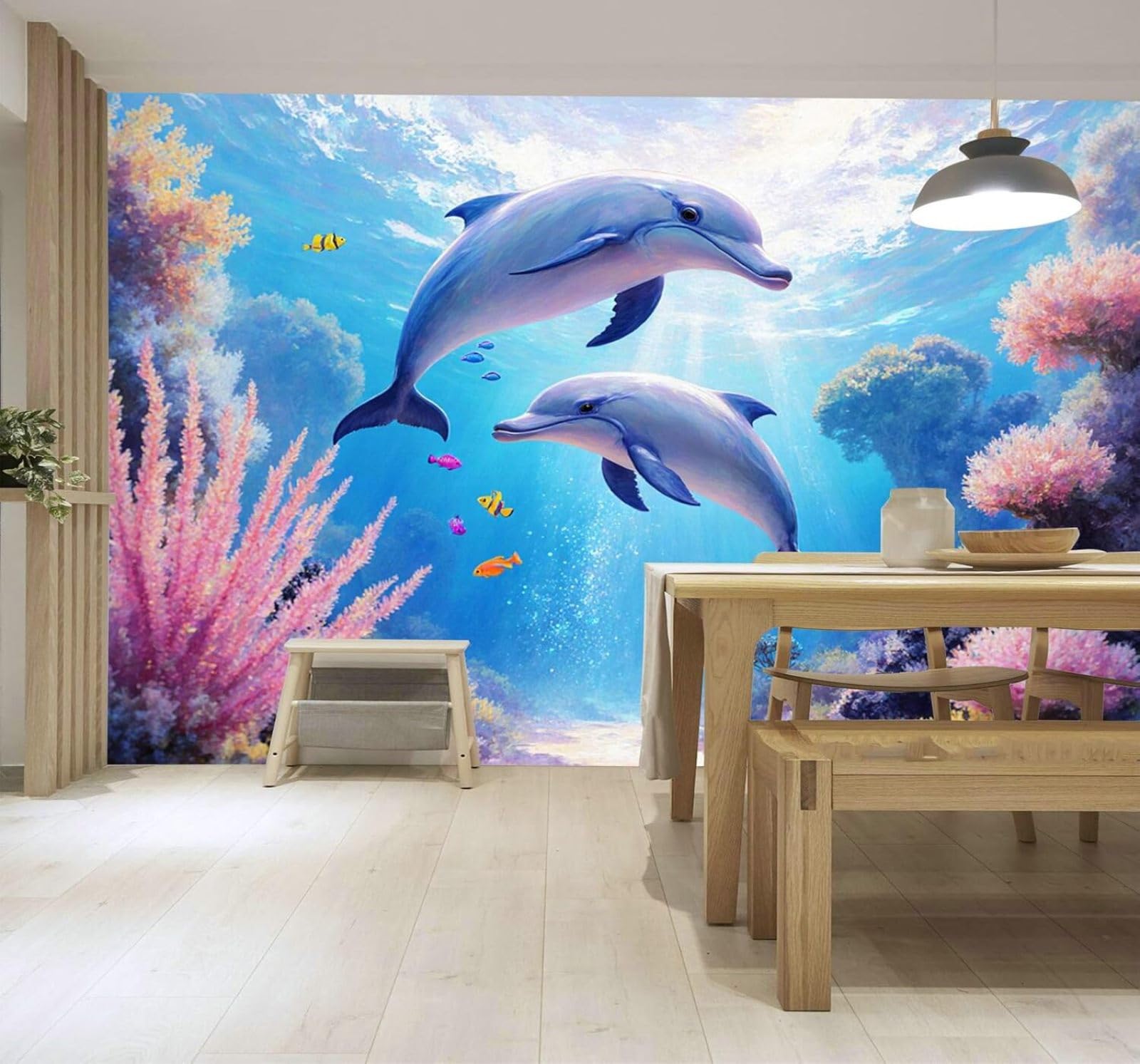 3D Papel Pintado Hermoso Mundo Submarino Delfines Arrecifes De Coral Océano