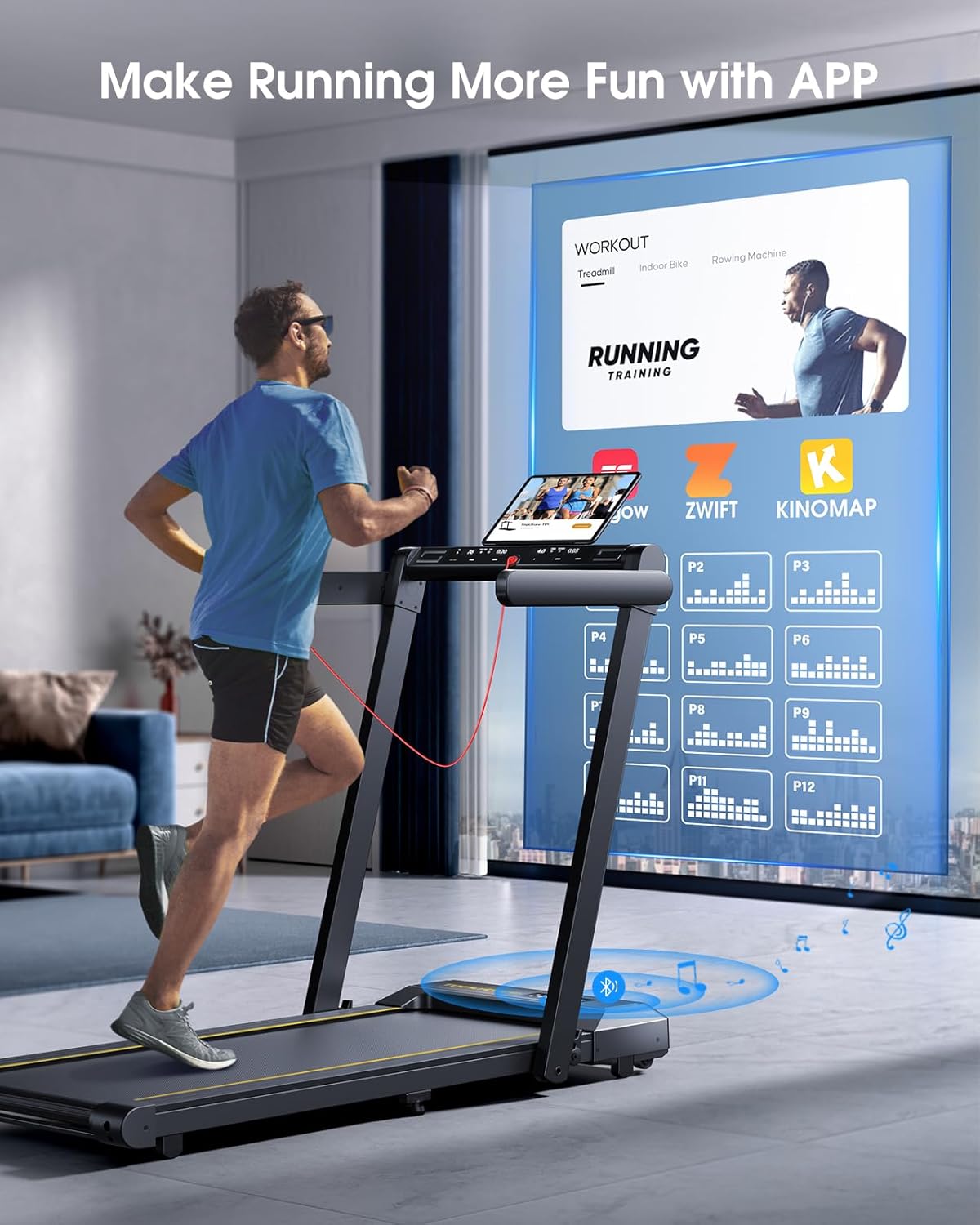 User interacting with a fitness app connected to the treadmill