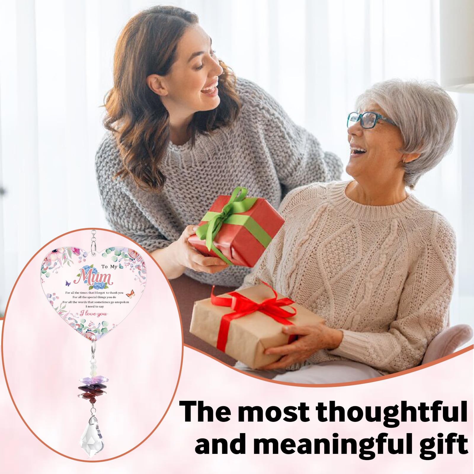 QBEJIME Gifts For Mum, Crystal Suncatcher, Mum Birthday Gifts From Daughters & Sons, Mothers Day For Gifts, Presents For Mummy On Christmas, Valentine's Day, Mother's Day in use