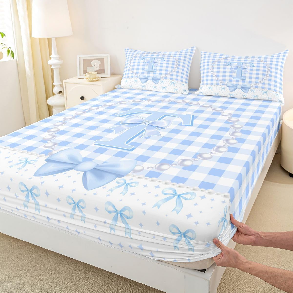 Erosebridal Blue Plaid Bow Tie Full Fitted Sheet for Kids Girls