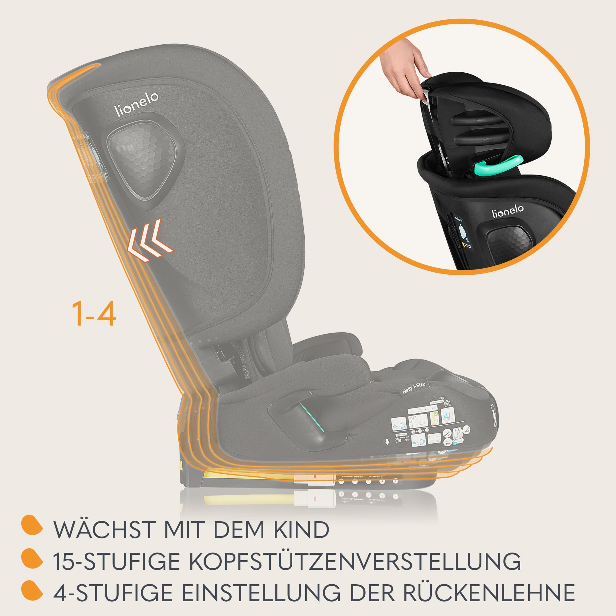 LIONELO NELLY I-SIZE Faltbarer Kindersitz 76-150 cm (ca. 15 Monate - 12 Jahre) Gruppe 1 2 3 Einbau mit ISOFIX und TT-Gurt hinten, Seitenschutz, Kopfstützen- und Rückenlehnenverstellung