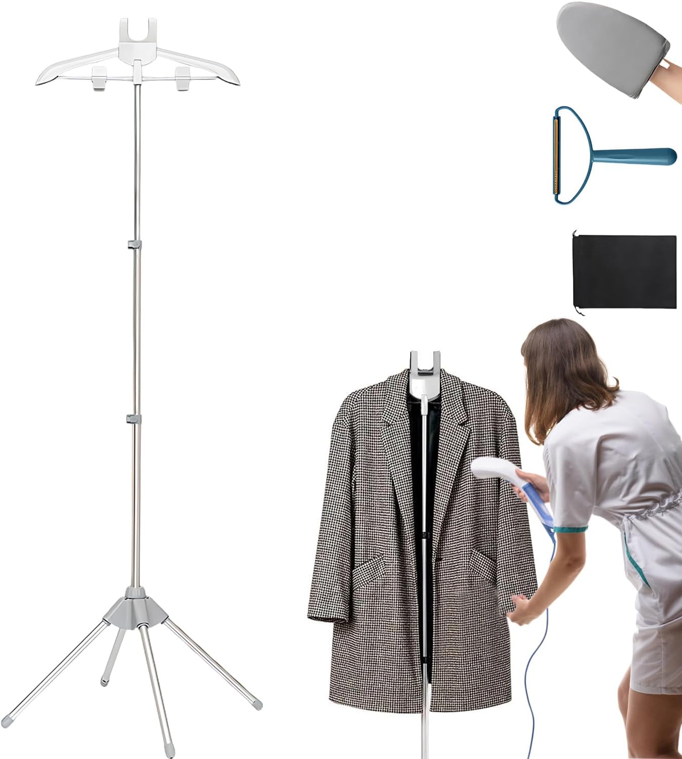Clothes Hanger for Steamer Handheld Steamer Stand with Ironing Glove and Lint Shaver Telescopic Tripod Clothes Rack Hanging Iron Stand for Steaming Clothes Grey
