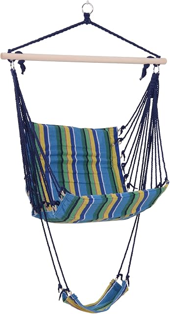 Outsunny Outdoor Hammock Hanging Rope Garden Yard Patio Swing Chair Seat Woodenwith Footrest Cotton Cloth Blue Stripe