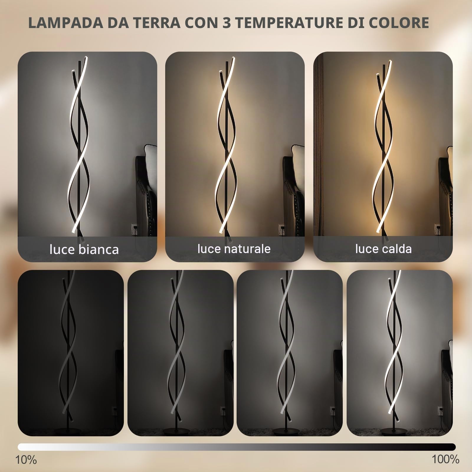 Lampada da terra a LED per soggiorno, dimmerabile, moderna, a spirale, per soggiorno, camera da letto, cameretta dei bambini (155 cm, nero)