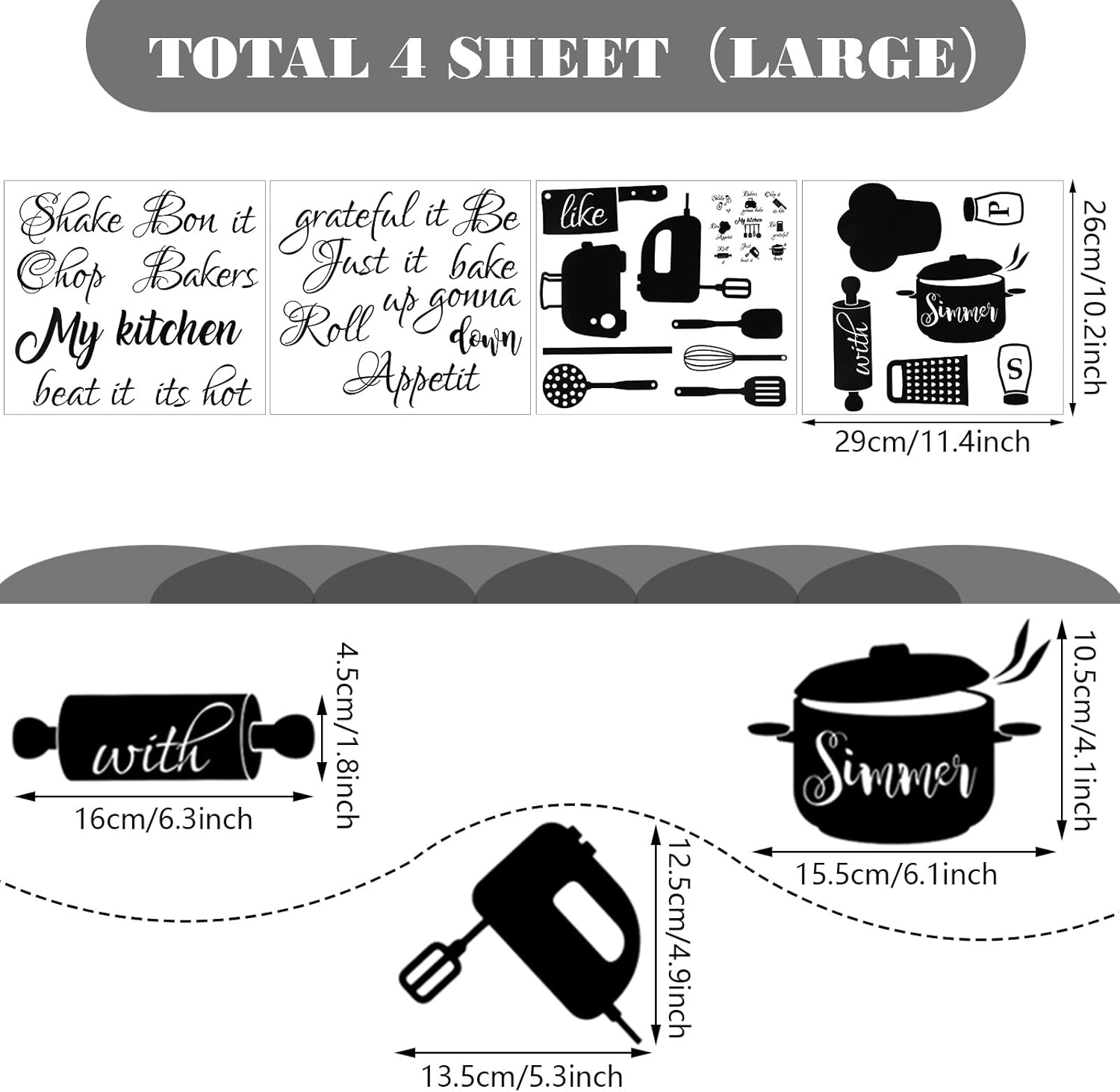 Seajan 4 Pcs Kitchen Wall Stickers Kitchen Quotes Wall Decals with Funny Lettering Vinyl Fun Utensils Sticker Peel and Stick Arts for Fridge Restaurant Bar Home Decoration