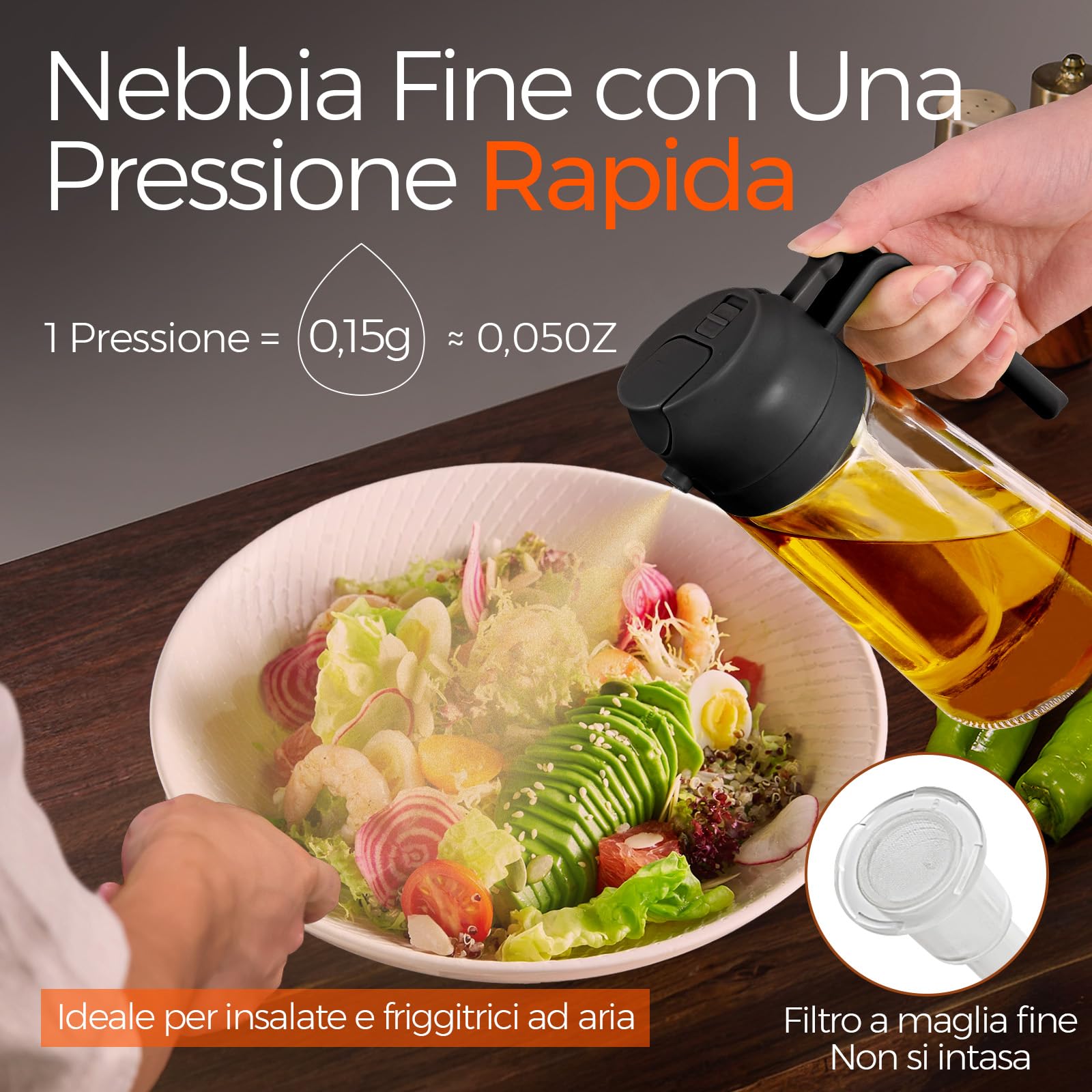 YARRAMATE Spruzzino Olio per Friggitrice Aria 2 in 1, 470 ml Dosatore Bottiglia e Oliera Spray da Cucina, Accessori Nebulizzatore per Alimenti e Spruzzatore (Nero)