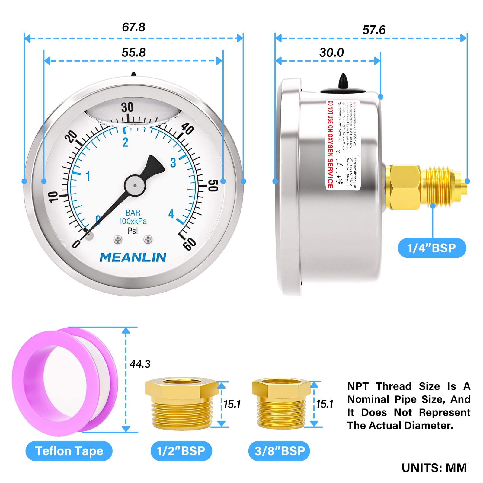 MEANLIN MEASURE 0-4BAR/60Psi Edelstahl 1/4" BSP 2.5" FACE DIAL Flüssigkeitsgefülltes Manometer WOG Wasser Öl Luft Rückwandmontage, mit 1/4" x 1/2" BSP und 1/4" x 3/8" BSP Sechskantbuchse