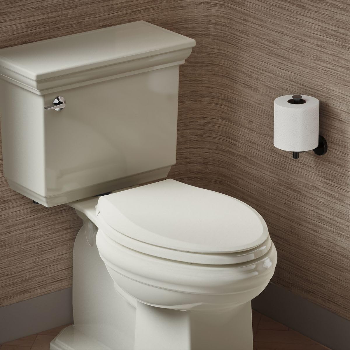 KOHLER 4636-RL-47 Cachet ReadyLatch Elongated Toilet Seat Slow Close, Soft Close Toilet Seat Quiet Lid, Contoured Grip-Tight Bumpers Installation Hardware, Apartment Essentials. Almond