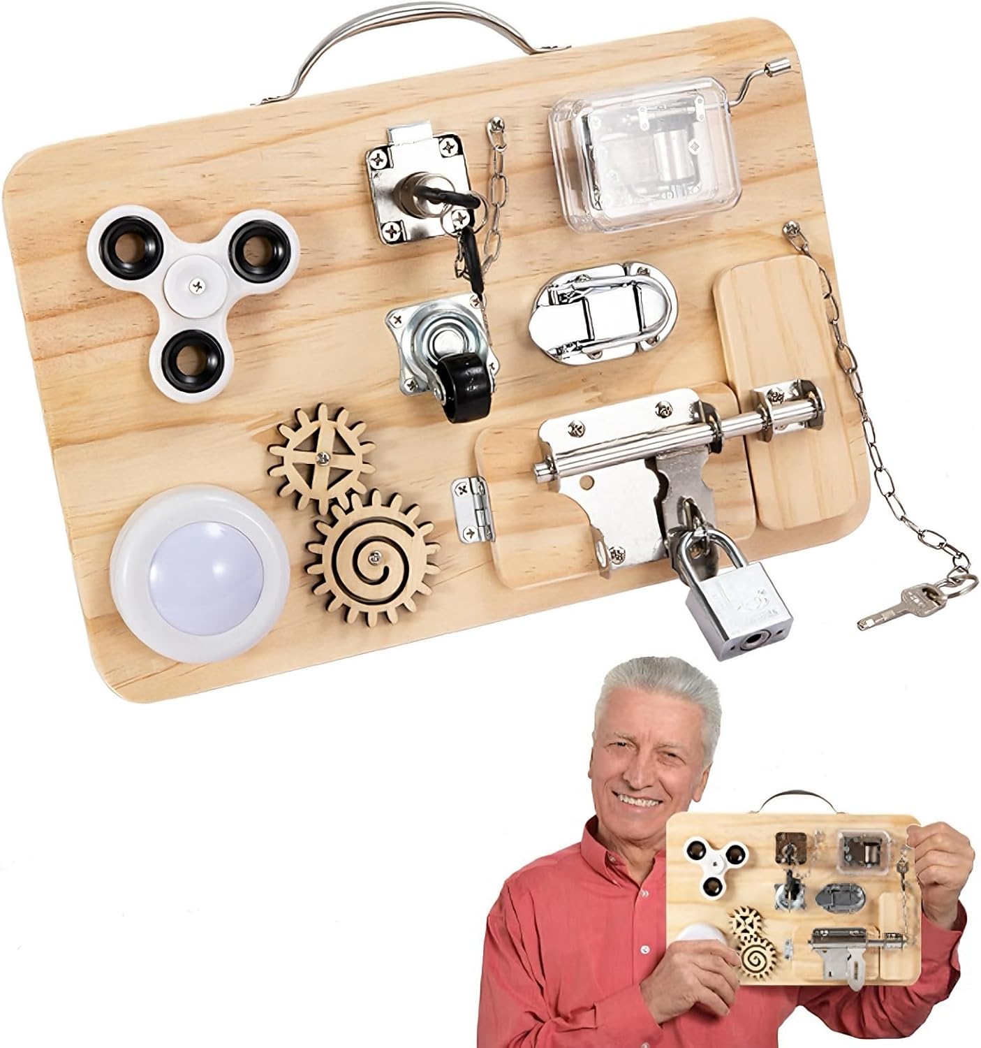 Fidget Busy Board,Dementia Fidget Toys,Dementia Activities Seniors | 9-in-1 Wooden Sensory Toys Memory Games for Seniors, Autism, ADHD, Alzheimer's Products for Adults, Anxiety Relief Gift