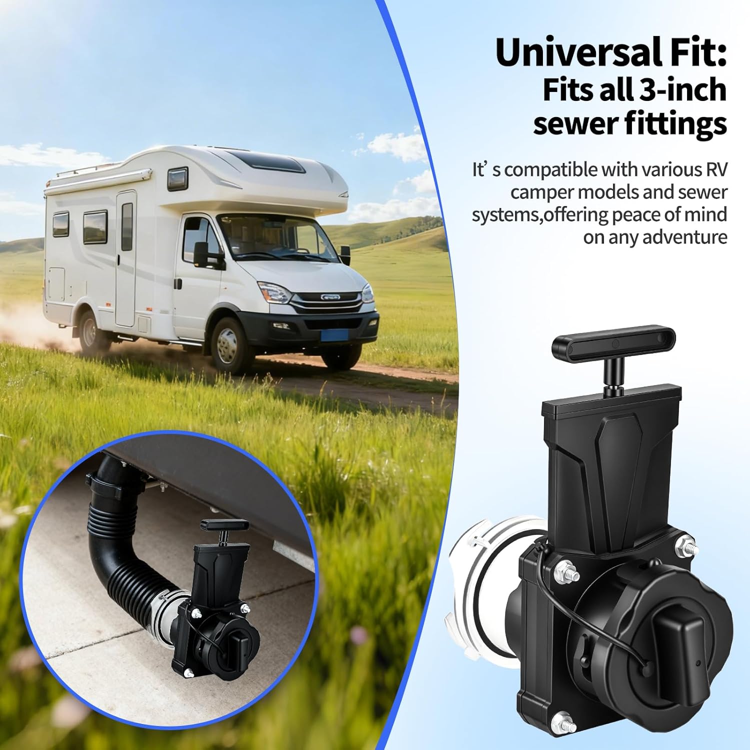 2 Pack RV Sewer Valve, Fits 3-Inch Sewer Hose Fittings for Various RV Camper and Sewer Systems, Leakproof & Durable Waste Valve With Built-in Clear Adapter Easy to View