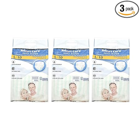 SMART CARE Adult Diaper Unisex Super Absorbent Ultra Dry Top Layer Adult Diaper with Fastenning Tapes, Leg Gathers and Wetness Indicator- 75-110 CM / 30-44 inch (10 pcs Large size)-Pack of 3