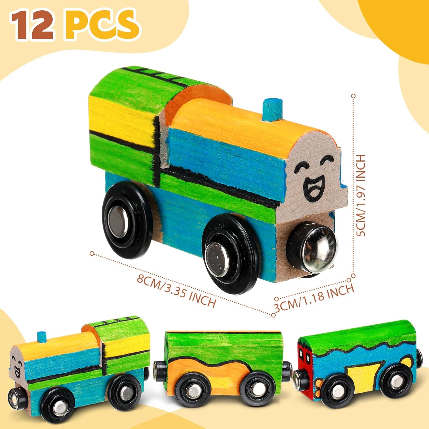 Lenwen 12 Pcs Unpainted Wooden Train Cars Magnetic DIY Railway Paint | Birthday Party Theme Decor, Natural Wood Ready to Paint, Magnetic Connection for Easy Assembly, Craft Project Supplies