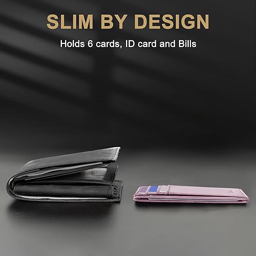 Miniatura 9 de Cartera Travelambo delgada, minimalista, con bolsillo frontal, de piel, de tamaño mediano con bloqueo RFID, Rosa, medio, Minimalista