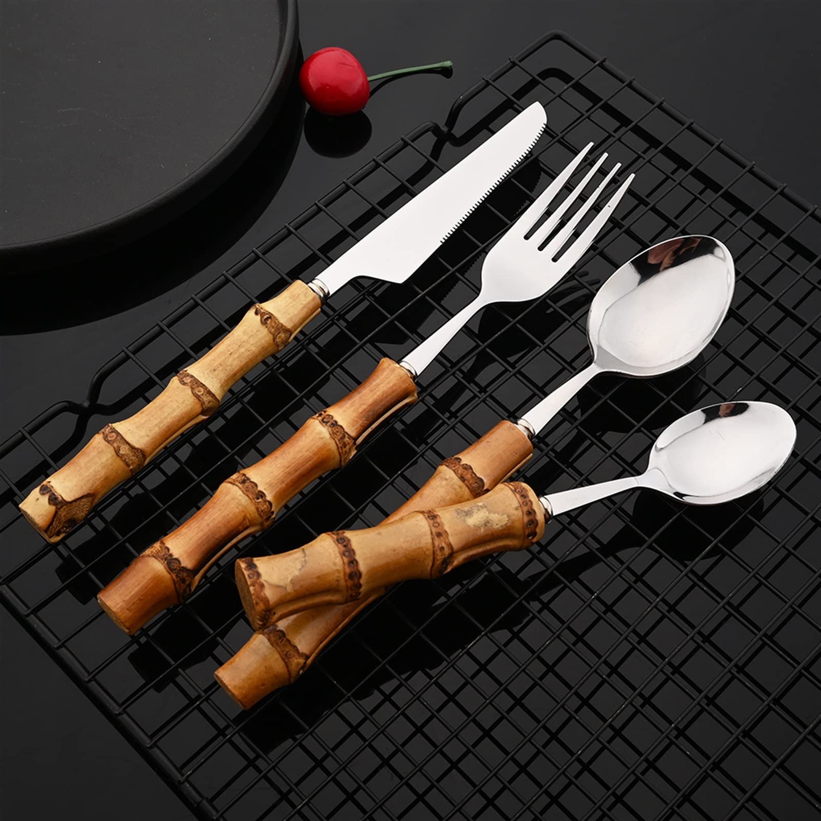 Juego de vajilla de 4/8/16/24 piezas con mango natural, cubiertos de acero inoxidable, cuchillo, tenedor, cuchara, vajilla plateada (color: plata, tamaño: 24 piezas) (oro, plata 16 piezas)