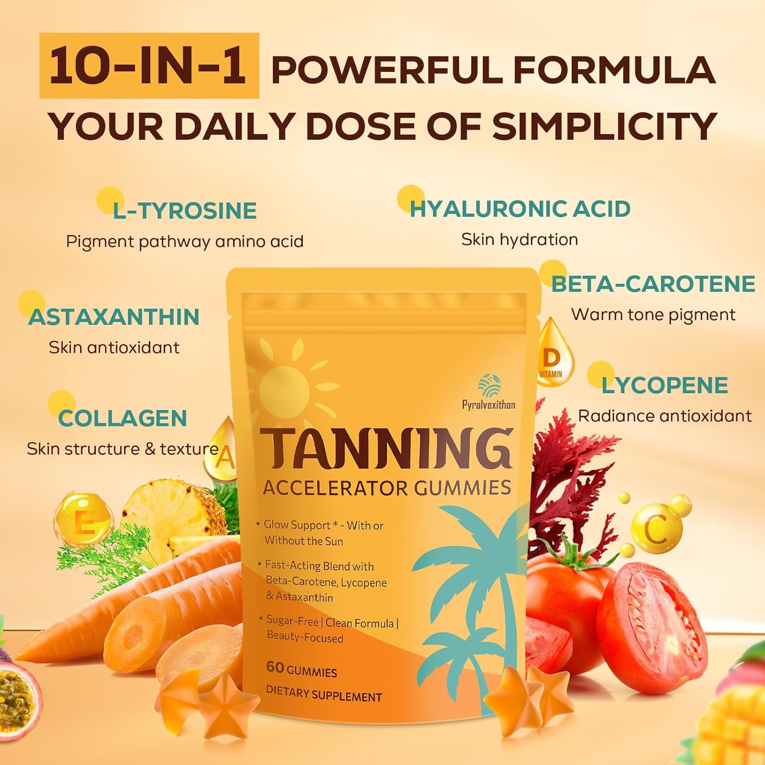 Tanning Gummies with Astaxanthin for Women and Men | Sunless Tanning Supplement with Beta Carotene, Lycopene, Collagen & Vitamins | Skin Radiance & Hydration | Vegan & Sugar Free - 60 Count - Image 4