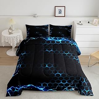 Honeycomb Bedding Set Twin Size Blue Lightning Geometric Honeycomb Comforter Set Hexagonal Comforter for Kids Boys Girls Geometric Duvet Set Beehive Room Decor Quilt Boys