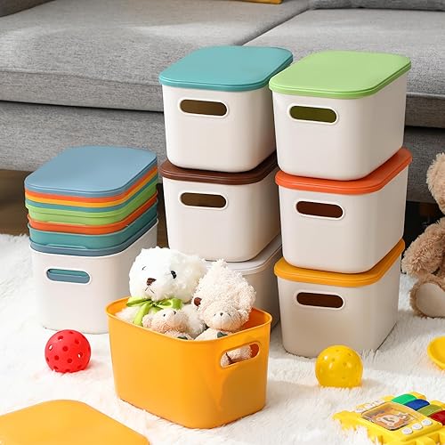 Miniatura 9 de Thyle Paquete de 12 contenedores de almacenamiento de plástico con tapas y asas, coloridas cajas de almacenamiento apilables de escritorio con