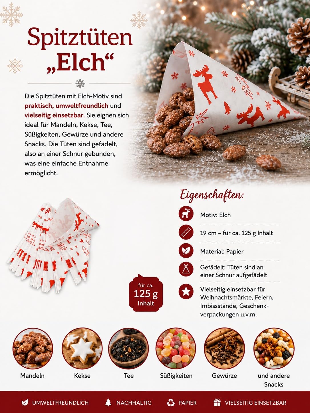 Torebki papierowe z motywem: ELCH długość ok. 19 cm na ok. 125 g zawartość (1000 sztuk)