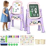 YOHOOLYO Kids Easel Standing Art Easel for Kids, Double Sided Children Pink Purple Easel Magnetic Chalkboard Whiteboard Dry Eraser Board Great Gift for Girls