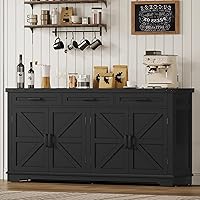 Vista 10 de usikey Aparador grande de 61 pulgadas con 4 puertas y 3 cajones, mesa de buffet de granja, armario de almacenamiento de comedor para cocina o sala