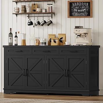 usikey Buffet Cabinet, 61 Large Sideboard Buffet Storage Cabinet with 3 Drawers, Farmhouse Coffee Bar with 4 Doors, for Kitchen, Living Room, Black