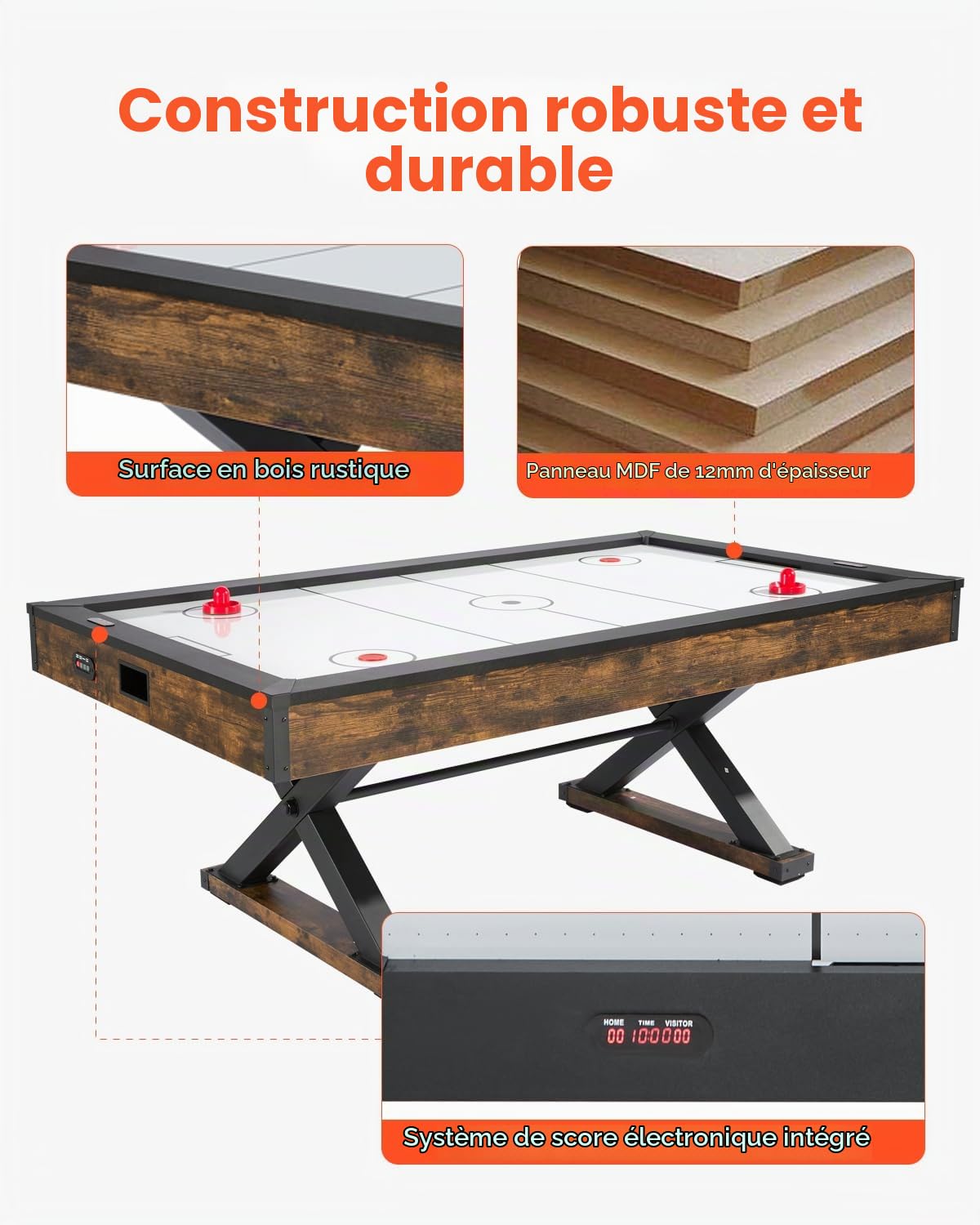 VEVOR Table de Hockey sur air, 214 cm, Ensemble Jeu de Table de Hockey à air intérieur avec 2 poussoirs, 2 palets, marqueur électronique, Pieds en Forme X et souffleur Haute Puissance, pour Famille