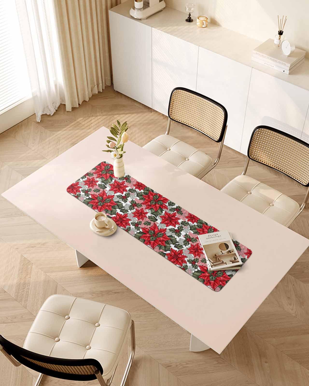 Debedcor Heat Proof Table Pads Waterproof Decorative, Christmas Poinsettia Non-Slip Table Countertop Protector, Winter Xmas Botanical Floral Insulation Mat for Kitchen Room, 40 x 12 Inches