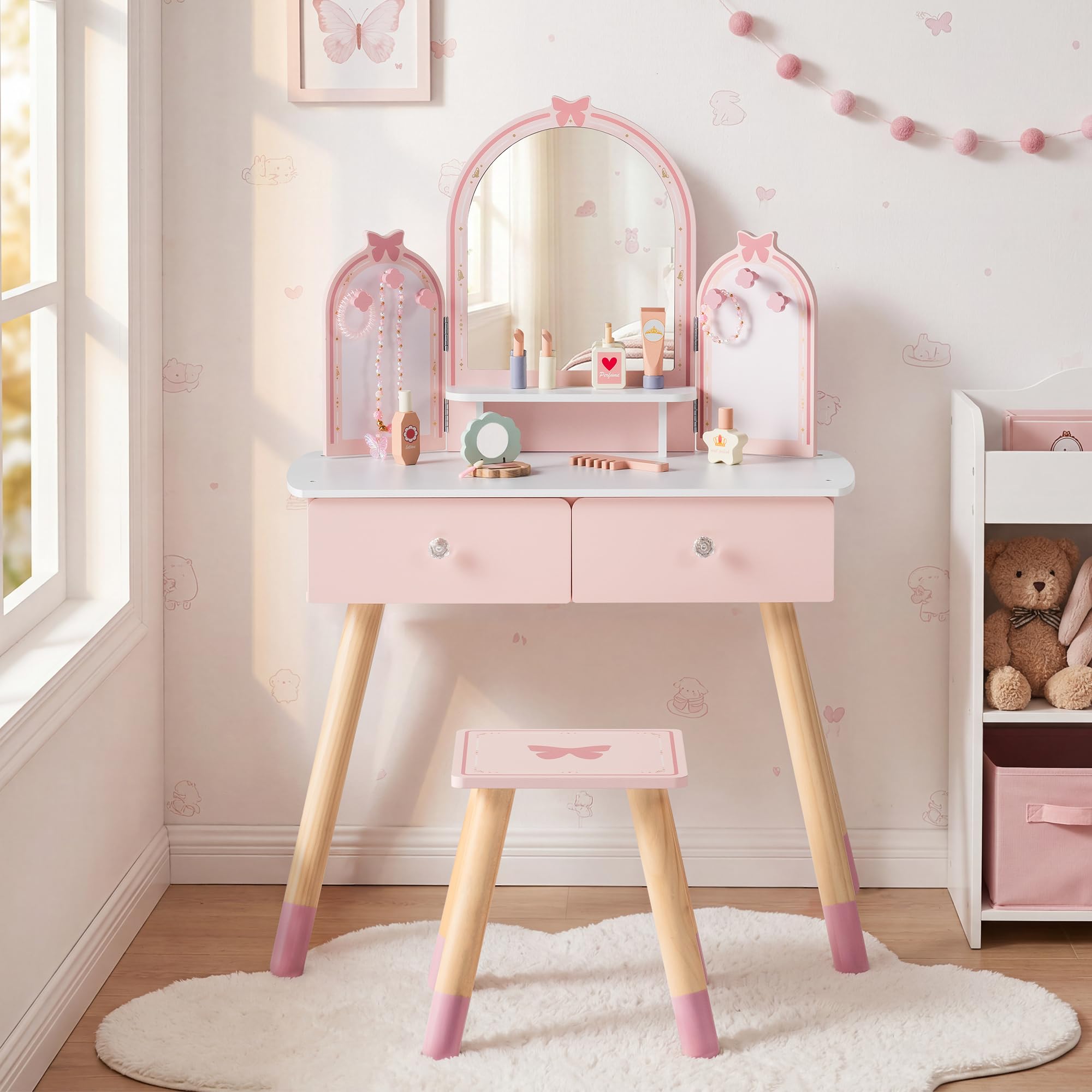 ROBUD Kinder Schminktisch mit Hocker: Mädchen kinderschminktisch mit Spiegel, Rollenspiel Schminktisch für Kinder, Frisiertisch mit Schublade und Zubehör für Kinderschminke, ab 3 Jahren (Rosa)