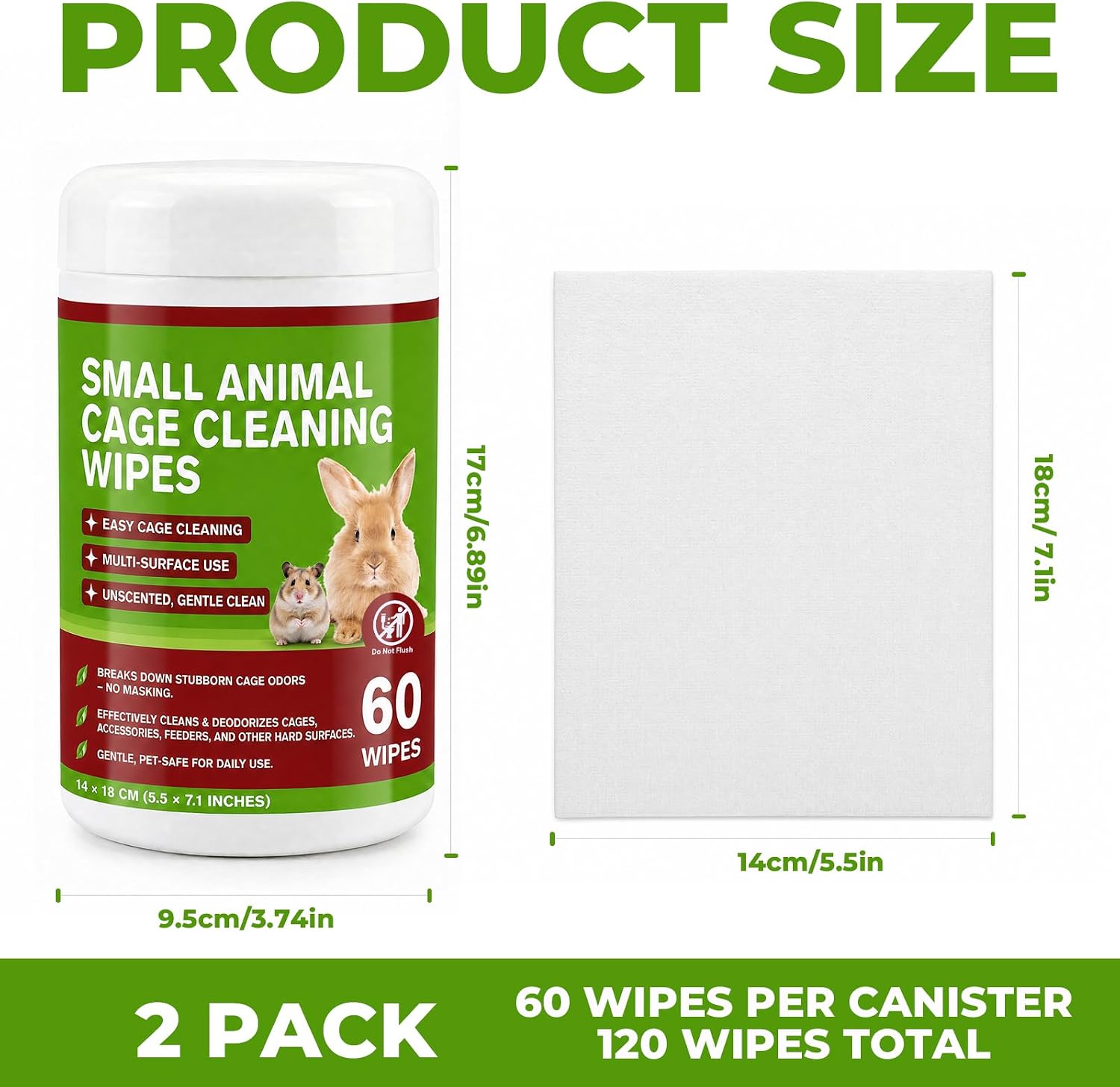Small Animal Cage Cleaning Wipes, Unscented, 2 Pack 120 Wipes | Wipes for Bird, Guinea Pig, Rabbit, Hamster & Bunny Habitats, Quick Spot Cleaning Suppliers for Cages, Feeders & Accessories