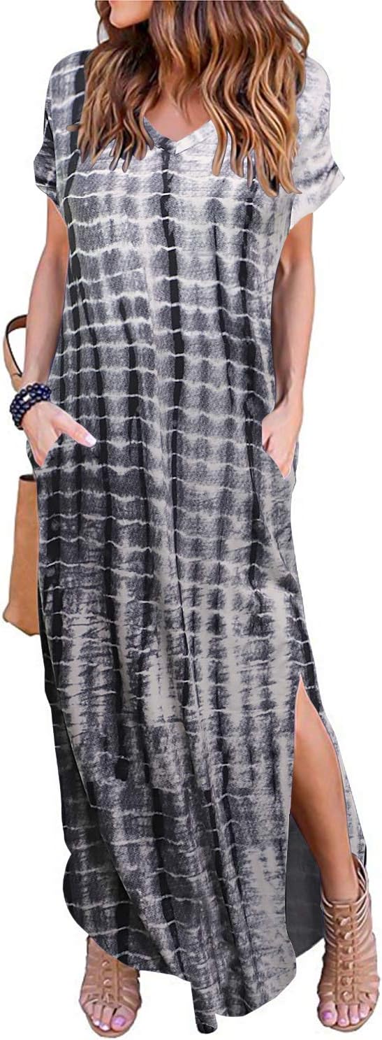 HUSKARYWomen's Summer Maxi Dress Casual Loose Pockets Long Dress Short Sleeve Split Maxi Dresses