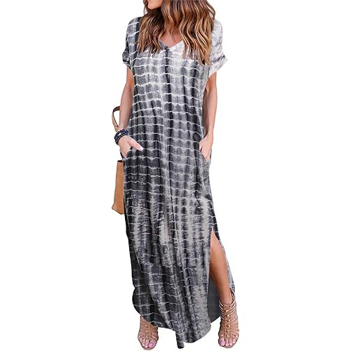 HUSKARY Women's Summer Maxi Dress Casual Loose Pockets Long Dress Short Sleeve Split Maxi Dresses