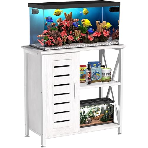 20-29 Gallon Fish Tank Stand, Aquarium Stand with Cabinet Accessories Storage, Heavy Duty Metal Frame, 31.49" L*15.74" W Tabletop, 330LBS Capacity,White PG07YGW