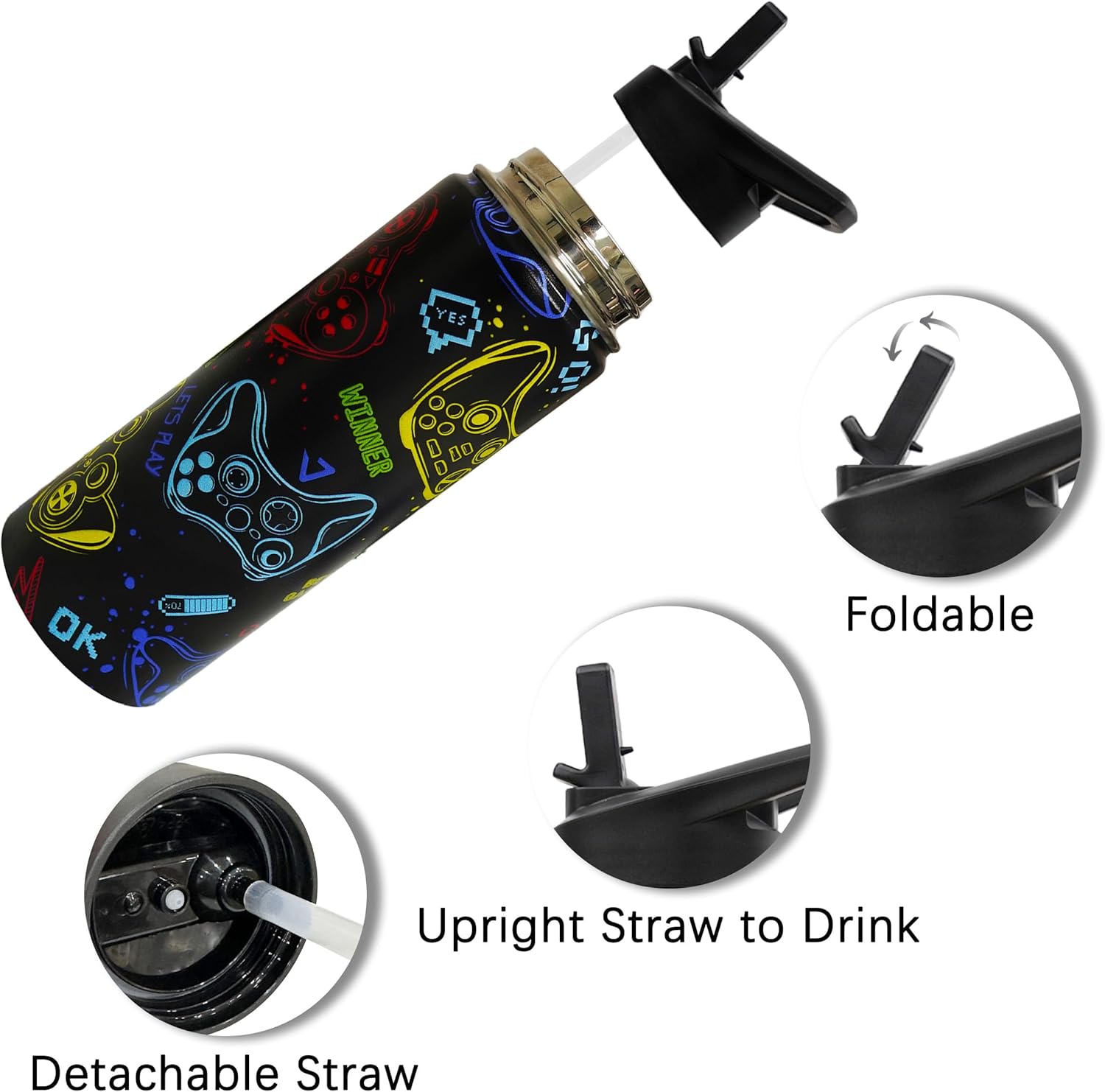 18 oz Gamer Water Bottle with Straw and Lid, Reusable Leakproof Gaming Water Bottle Stainless Steel, Gamer Gifts for Boys, Men - Image 6