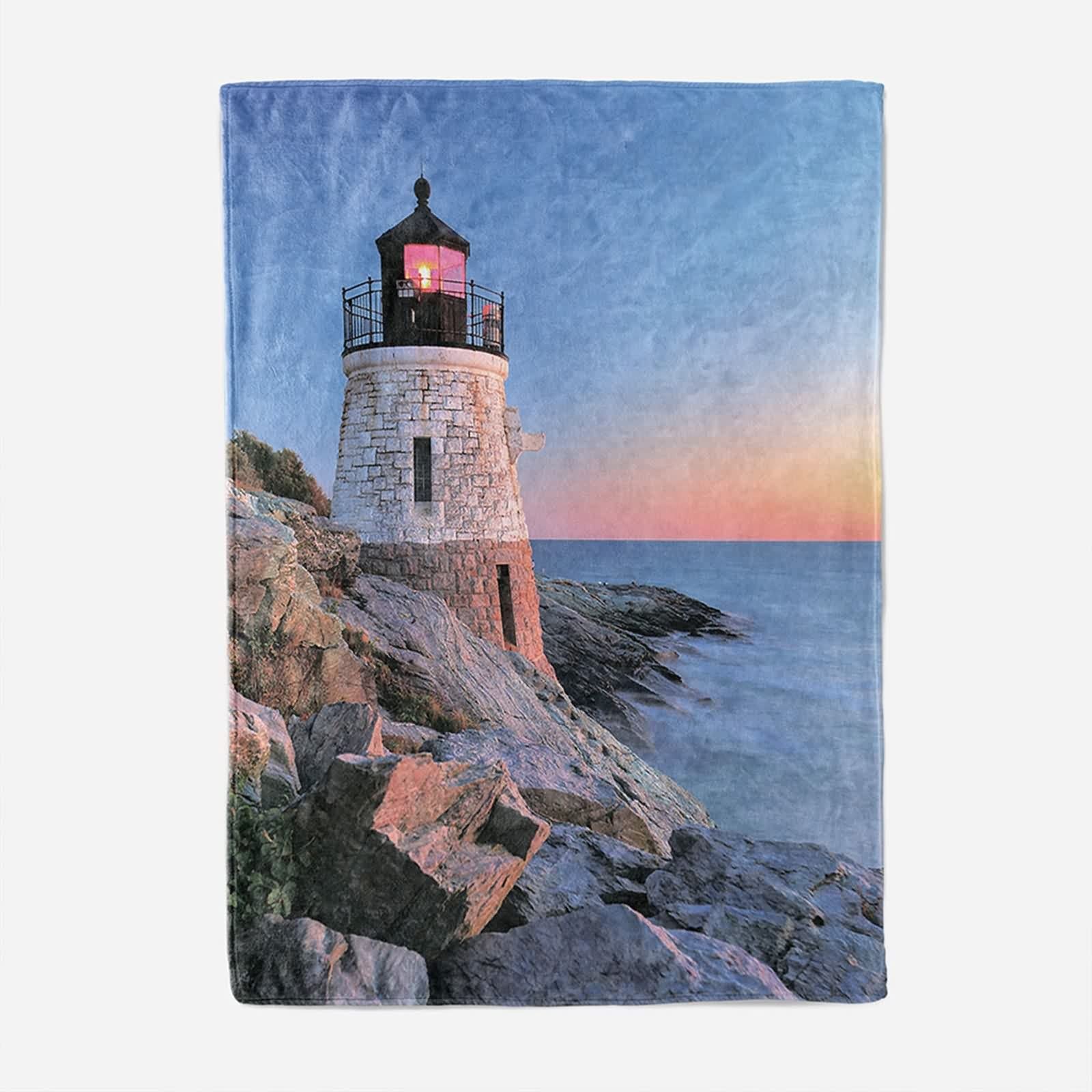 Coperta Termica in Flanella,Coperta di Pile Motivo di Mare e Faro Blu Arancio Coperta da Divano 160x200cm