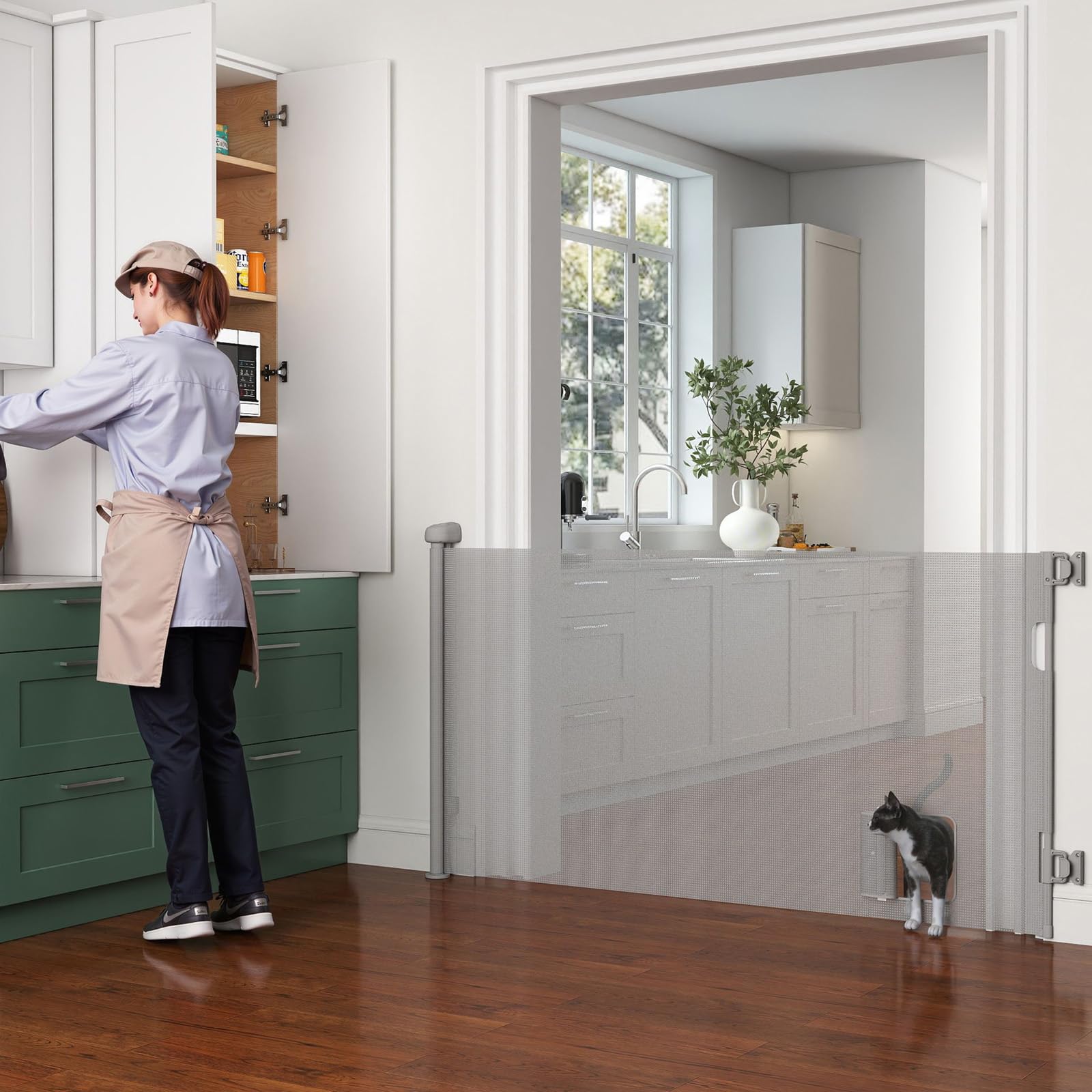 homewell 150cm Treppenschutzgitter Ausziehbare für Babys, Türschutzgitter mit Katzenklappe, Türschutz für Treppen/Türen/Innen & Außen, Einhändig Bedienbar