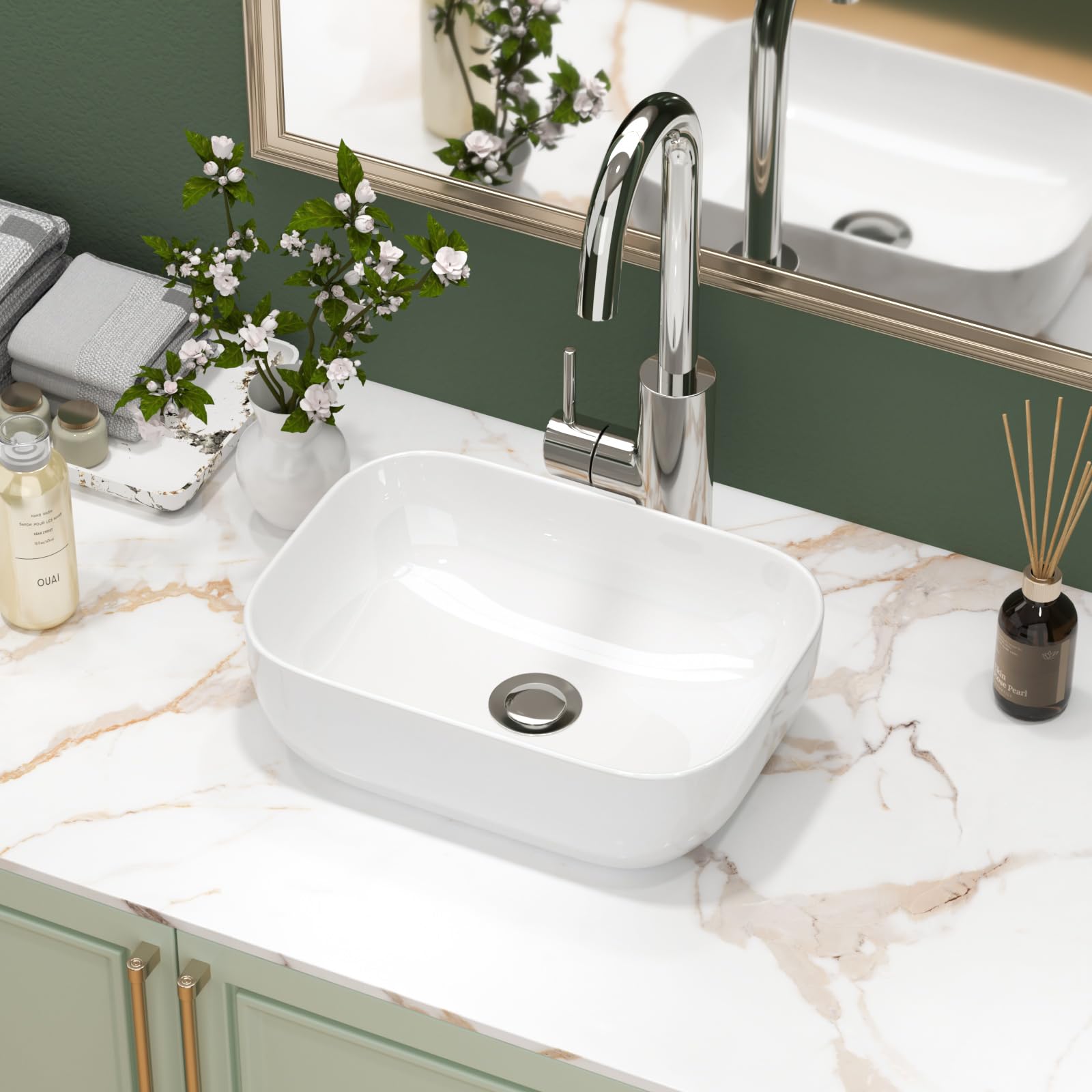 Sarlai White Countertop Bathroom Sink, Ceramic Wash Basin 36.8x25.4x11.5 cm